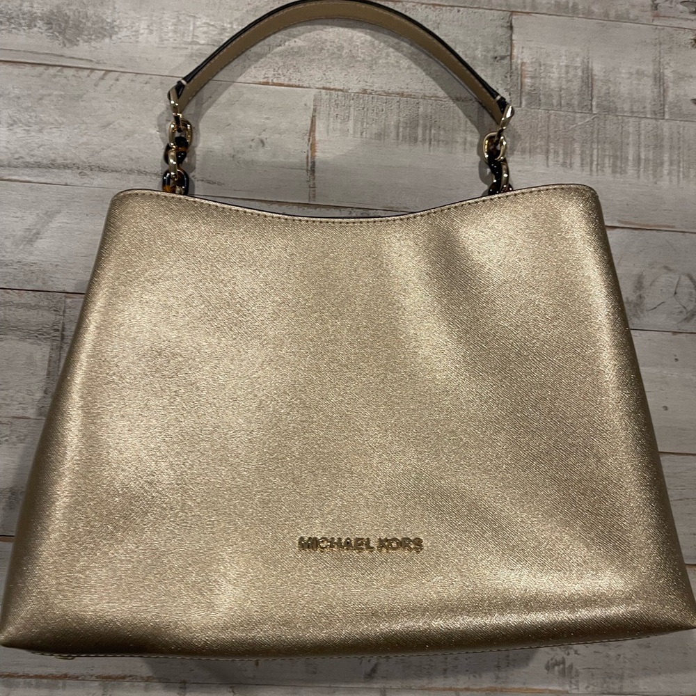 Michael Kors Gold Shoulder Bag with Structured Shape and Curved Handle